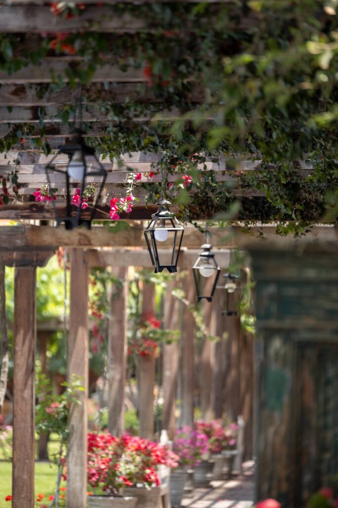 Hotel outdoor walkway with wooden pergola, hanging black lanterns, and vibrant flowering plants.