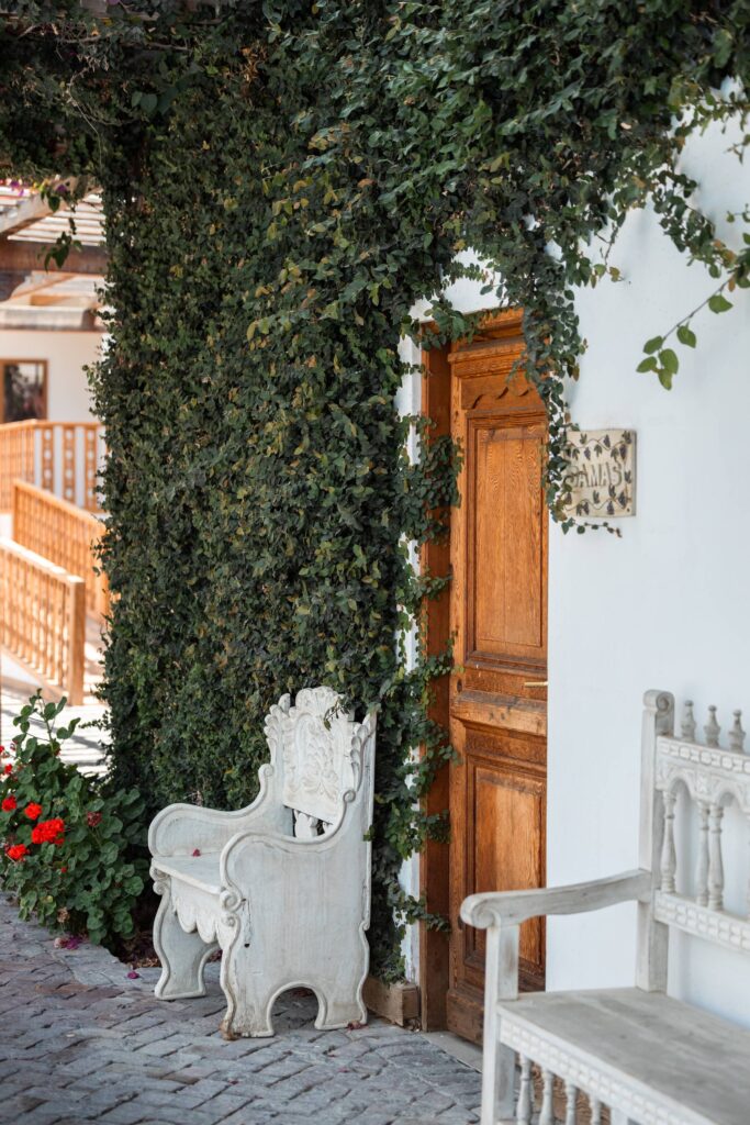 Rustic hotel entrance with wooden door, green ivy, vintage white benches, and red flowers.
